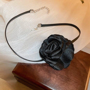 Elegant black satin rose choker necklace with adjustable silver lobster clasp and chain