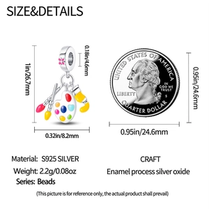 Detailed size chart for art palette charm bead in S925 silver with enamel finish