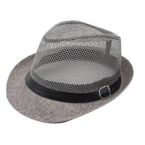 Close-up of gray breathable fedora hat with mesh texture and black faux leather belt detail