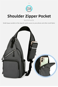 Macro view of shoulder strap phone pocket and headphone port on grey crossbody chest bag