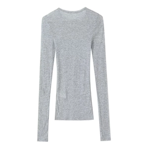 Flat lay back view of a slim fit light grey long sleeve cotton T-shirt with crew neck