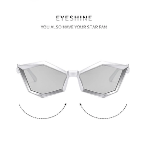 Detail of silver geometric polygonal metal frame with light gray lenses sunglasses