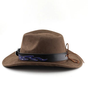 Detail of brown cowboy hat with black leather band featuring blue flames and silver stars