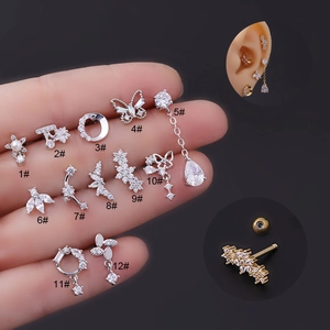 Selection of 12 styles of 16G stainless steel stud earrings with zircon and pearls