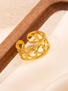 Detail shot of gold-plated heart-shaped hollow ring with open adjustable band