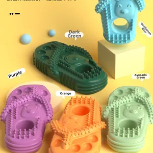 Detail of durable TPR dog chew toy with massage texture and bear pattern in five colors