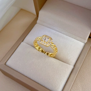 Gold square zircon chain ring with pave setting and adjustable open band design