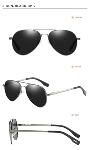 Three-way view of gunmetal pilot sunglasses with black lenses and metal frames