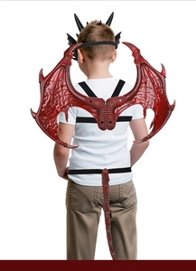 Detailed back view of crimson dragon wings and tail costume for kids with scale texture