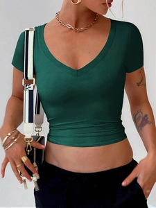 Slim fit dark green square neck short sleeve T-shirt for women in soft fabric