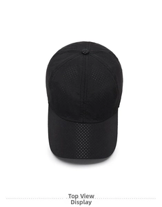Top down view of black quick-dry baseball cap showing breathable mesh and laser cut holes