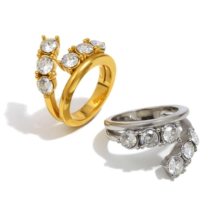 Bague luxueuse en acier inoxydable 18K or et argent double couche avec zircons ronds