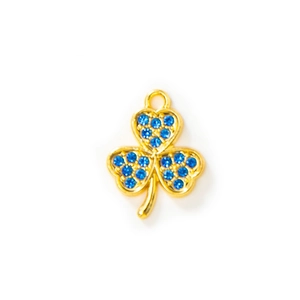 Golden clover charm with sparkling blue rhinestones for DIY earring and jewelry making