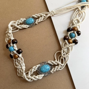 Bohemian woven waist chain with turquoise and wooden beads on a white cord