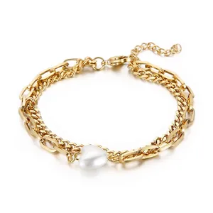 Double Layer Heart Pendant Bracelet Stainless Steel Imitation Artificial Pearl Adjustable Link Chain Jewelry For Women Chic