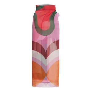 Detail of sheer chiffon sarong featuring vibrant geometric wave patterns in multi-color