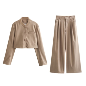 Women's 2-piece khaki set with cropped stand collar jacket and high waist wide leg pants