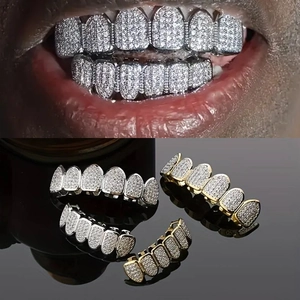 Hip Hop Teeth Grillz Iced Out Zircon Copper Gold Plated Punk Body Jewelry For Rapper Upper Lower Jewelry