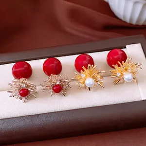 Flower Stud Earrings With Silver Earring Post 18K Gold Plated Red Resin Bead Faux Artificial Pearl Zircon Retro Elegant Women
