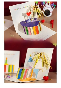 3D pop-up birthday card featuring a colorful layered cake with elegant golden tassels