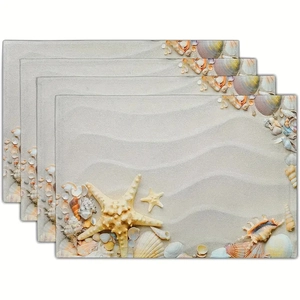 Close-up of four beach-themed placemats with starfish and seashell patterns