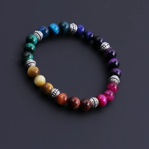 Chakra 8mm tiger eye stone beaded bracelet with vintage silver spacer beads for unisex