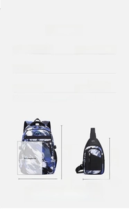Detailed size comparison showing the school backpack alongside an A4 magazine layout