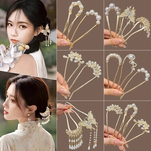 Pic À Cheveux Vintage Épingle À Cheveux En U Alliage Künstliche Perle Artificielle Strass Gland Papillon Fleur Minimaliste Pour Chignon Coiffe Élégante Femmes