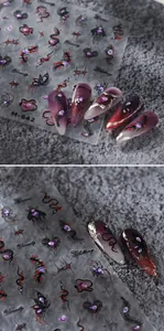 Macro view of M-642 dark punk relief nail art stickers with gothic spider motifs