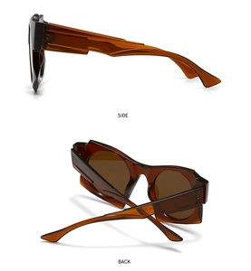 Detail view of brown translucent geometric sunglasses with tiered temple arms and side profile