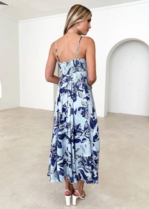 Detail of floral maxi dress with square neck and low back design in light blue