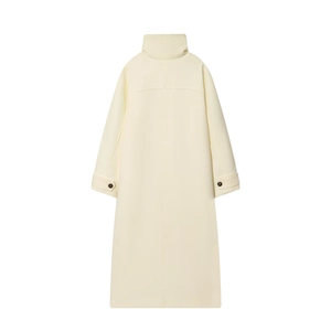 Back view of a cream long-line slim fit wool coat with stand collar and cuff strap details