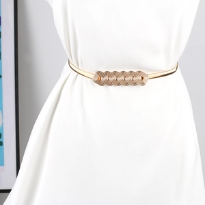 Detail einer goldenen elastischen Taillenkette mit strukturierter ovaler Schnalle auf einem Kleid