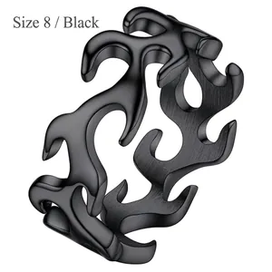 Macro detail of black stainless steel fire flame ring with size 8 and brushed metal finish