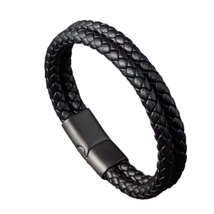 Men's double-wrap black braided leather bracelet with matte black magnetic clasp on white