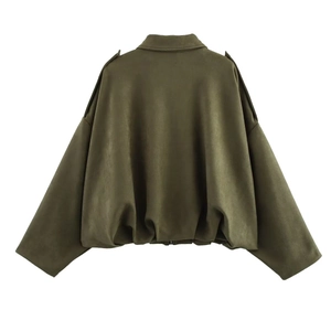 Detailed back view of an olive green faux suede bomber jacket with elasticated hemline