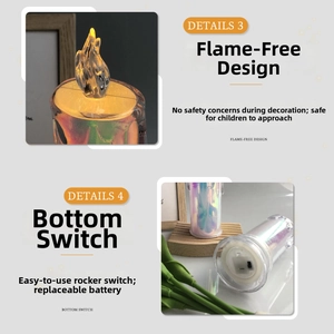 Detail view of colorful LED candle with flameless design and toggle switch on bottom