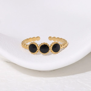 Adjustable gold stainless steel ring with three black enamel beads and beaded texture