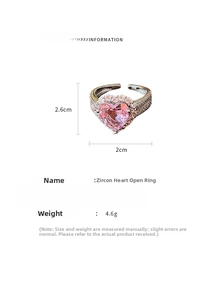 Detailed view of pink zircon heart ring with measurements and silver tone finish