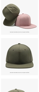 Detailed views of flat brim snapback hats with paisley pattern in olive and pink