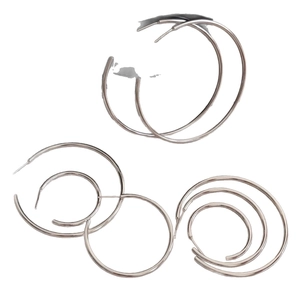Three sets of silver-tone circular C-shaped stud earrings in various sizes on white background