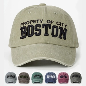 Boston Embroidered Washed Cotton Baseball Cap Adjustable Retro Distressed Outdoor Sun Protection Casual Streetwear Hat