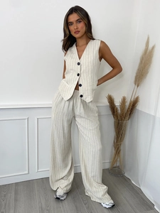Women Striped Vest And Wide Leg Pants Top And Bottom Viscose Linen Woven Sleeveless Outfits For Casual Office Wear