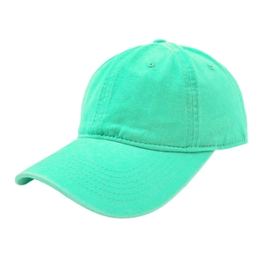 Detailed close-up of mint green washed cotton baseball cap with twill texture and stitching