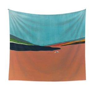 Detail of minimalist abstract tapestry featuring mountain landscape and layered vibrant colors