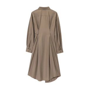 Back view of brown cotton asymmetric shirt dress with pleated waist and stand collar