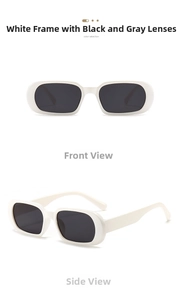 Detailed views of retro white rectangle sunglasses with dark gray lenses and glossy finish
