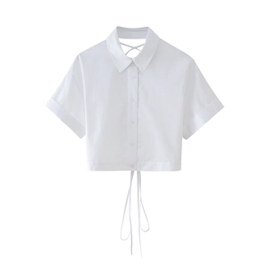Women's White Short Sleeve Crop Shirt With Lace Up Back Detail Polo Collar Button Down Top Street Casual Fashion Blouse