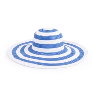 Detailed view of woven straw texture and blue white striped pattern on sun hat