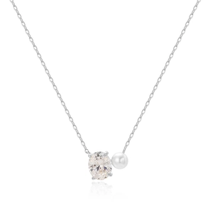 Silver necklace with oval zircon and pearl pendant shown on a clean white background
